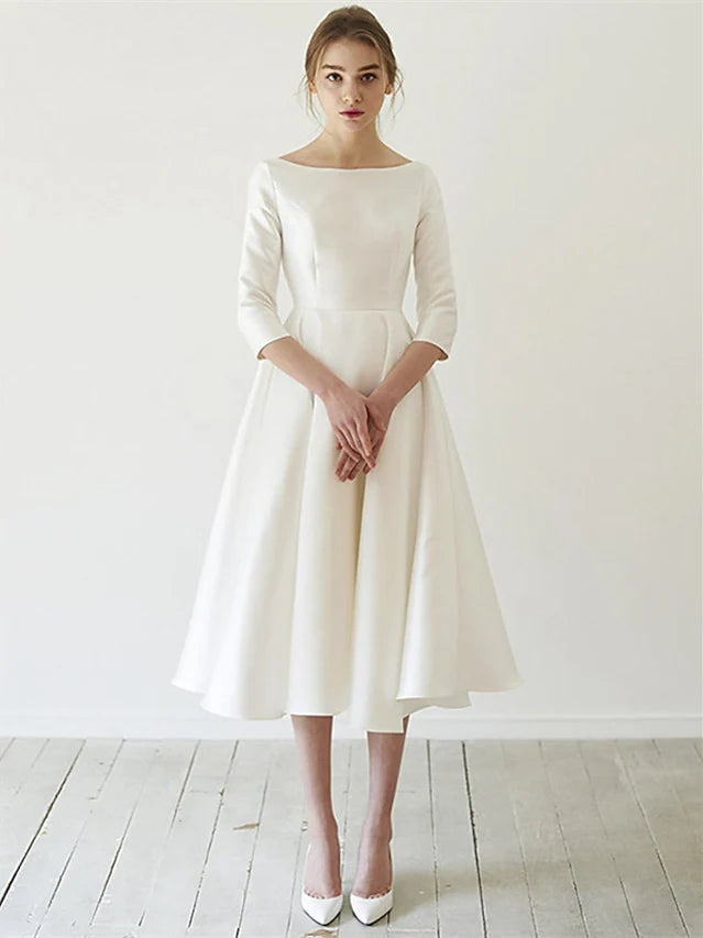 Wholesale A-Line/Princess 3/4 Sleeves Scoop Neck Tea-Length Wedding Dresses
